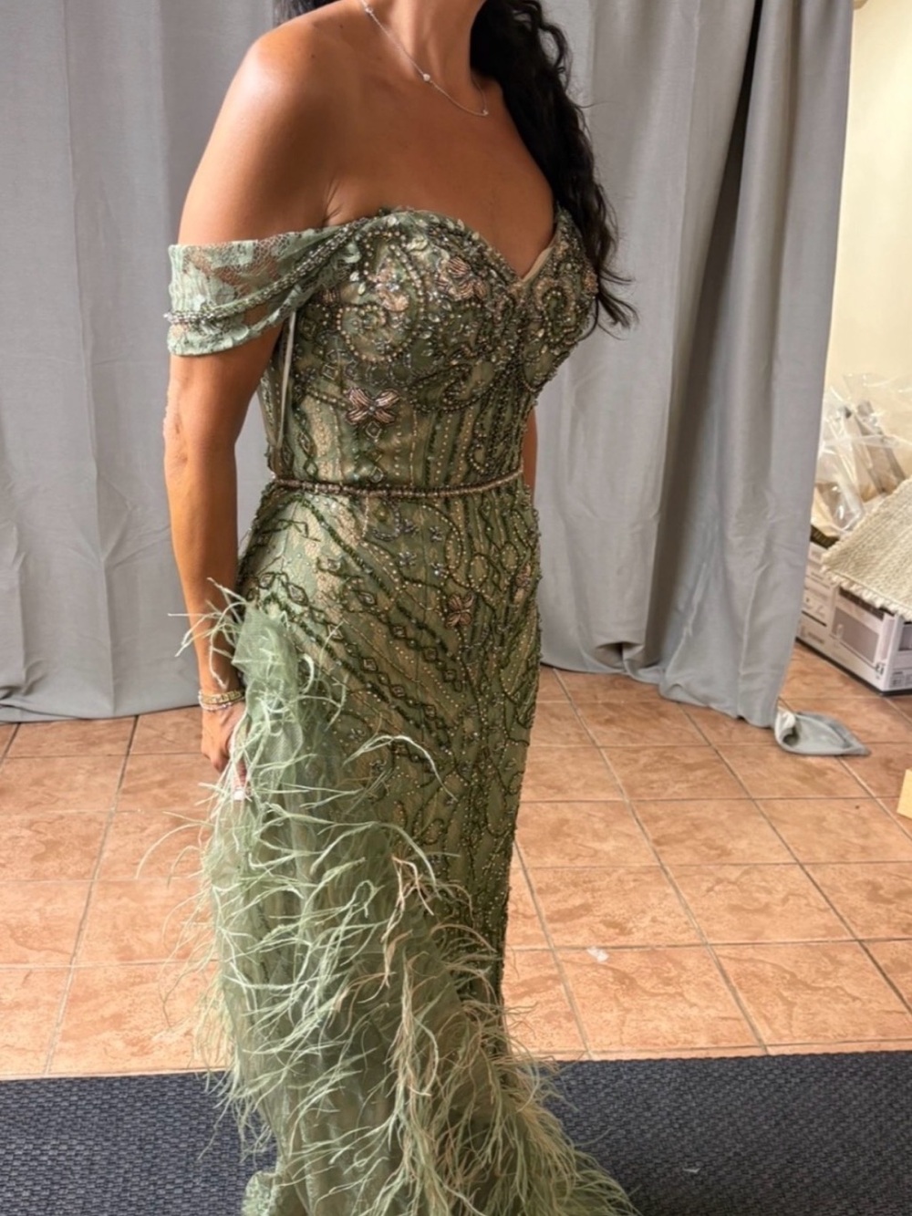 Terani Couture Olive Green One-Shoulder Beaded Evening Gown with Feather Hem
